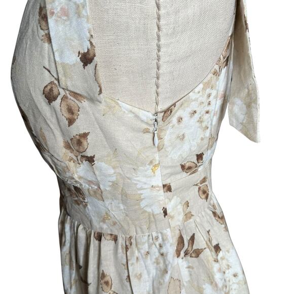 HOUSE OF HARLOW 1960 Tan Brown Cream Linen Tiered Midi Dress Floral Women's S - Picture 4 of 8